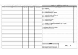 Pessoas envolvidas na atividade e treinadas na análise de riscos desta tarefa (executantes) CHECK LIST - APÓS ELABORAÇÃO DA APR
NOME EMPRESA REGISTRO ASSINATURA ITENS A AVALIAR SIM NÃO
01) Há risco de corte?
02) Há risco de quedas?
03) Há risco de projeção de partículas?
04) Há risco de prensamento (tronco / membros)?
05) Há risco de queimaduras com solda?
06) Há risco de contaminação por produtos químicos?
07) Há risco de explosão ou incêndio?
08) Há risco de contato com superfície quente?
09) Há risco de exposição a radiação?
10) Há risco de choque elétrico?
11) Há risco no trajeto para área de trabalho?
12) Há necessidade de montagens pré-execução (andaimes, cabos de aço, etc.)?
13) Há boa ventilação no local?
14) Existem redes pressurizadas?
15) Existem pessoas trabalhando acima ou abaixo?
16) A tarefa proporciona risco a outros?
ATENÇÃO
FOLHA nº 2 / 2
1. Garanta o treinamento de todos os participantes
2. Garanta acompanhamento da execução do serviço
3. Pare e solicite ajuda caso tenha dúvidas de execução
 