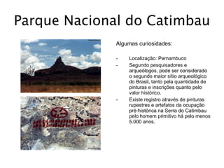Parque Nacional do Catimbau Algumas curiosidades: Localização: Pernambuco Segundo pesquisadores e arqueólogos, pode ser considerado o segundo maior sítio arqueológico do Brasil, tanto pela quantidade de pinturas e inscrições quanto pelo valor histórico.  Existe registro através de pinturas rupestres e artefatos da ocupação pré-histórica na Serra do Catimbau pelo homem primitivo há pelo menos 5.000 anos. 
