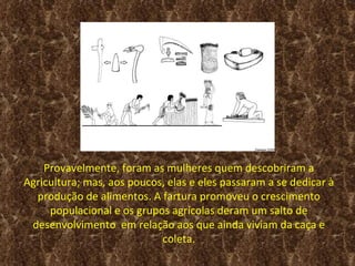 Provavelmente, foram as mulheres quem descobriram a
Agricultura; mas, aos poucos, elas e eles passaram a se dedicar à
  produção de alimentos. A fartura promoveu o crescimento
     populacional e os grupos agrícolas deram um salto de
 desenvolvimento em relação aos que ainda viviam da caça e
                            coleta.
 