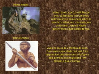 Homo Habilis

                    Viveu há cerca de 2,5 milhões de
                     anos. Já fabricava instrumentos
                   rudimentares e caminhava sobre os
                   membros inferiores; mas ainda era
                       arborícola. O Homo Habilis
                    desenvolveu a habilidade da fala.


Homo Erectus


                Viveu há cerca de 2 milhões de anos.
                Com maior capacidade racional, foi o
               responsável pela descoberta do fogo e
                  pela primeira leva migratória (em
                       direção à Ásia e Europa.
 