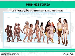 PRÉ-HISTÓRIA
A EVOLUÇÃO DO HOMEM E DA MULHER

iair@pop.com.br

Prof. Iair

 