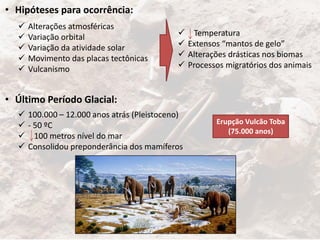 • Hipóteses para ocorrência:
• Último Período Glacial:
 Alterações atmosféricas
 Variação orbital
 Variação da atividade solar
 Movimento das placas tectônicas
 Vulcanismo
 Temperatura
 Extensos “mantos de gelo”
 Alterações drásticas nos biomas
 Processos migratórios dos animais
 100.000 – 12.000 anos atrás (Pleistoceno)
 - 50 ºC
 100 metros nível do mar
 Consolidou preponderância dos mamíferos
Erupção Vulcão Toba
(75.000 anos)
 