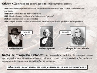 Origem XIX: História não poderia ser feita sem documentos escritos.
Noção de “Progresso Histórico”: A humanidade evoluiria de estágios menos
aperfeiçoados para situações melhores, conforme o tempo passa e as civilizações melhores,
conforme o tempo passa e as civilizações se sucedem.
1823: descoberto o primeiro fóssil de um ser humano moderno, em 1829 de um homem-de-
neandertal
1848: 1856: novos fósseis de neanderthais
1859: Charles Darwin publicou a ”A Origem das Espécies”
1863: os neanderthais são classificados
1865: Gregor Mendel publica os resultados das suas experiências genéticas e não genéticas.
Gregor Johann MendelCharles Darwin
NÃO EXISTE UMA CULTURA, MAS SIM, CULTURAS PLURAIS E DIVERSIFICADAS.
Herbert Spencer
Mané! Mané!
 