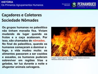 Caçadores e Coletores
Sociedade Nômades
Os grupos humanos no paleolítico
não tinham moradia fixa. Viviam
mudando de lugar quando os
frutos e a caça acabavam. Por
isso, são chamados de nômades.
No final do paleolítico, quando os
humanos começaram a dominar o
fogo, a vida mudou muito: os
alimentos passaram a ser cozidos
e assados, os humanos puderam
sobreviver em regiões frias e
geladas, ter luz durante a noite e
afugentar animais selvagens.
Imagem: Fogueira grande / Autor: Fir0002 / Creative Commons
Attribution-Share Alike 3.0 Unported.
HISTÓRIA
Os Primeiros Agrupamentos Humanos
 