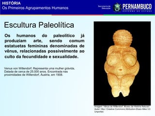 Venus von Willendorf. Representa uma mulher grávida,
Datada de cerca de 25.000 anos. Encontrada nas
proximidades de Willendorf, Áustria, em 1908.
Escultura Paleolítica
Os humanos do paleolítico já
produziam arte, sendo comum
estatuetas femininas denominadas de
vênus, relacionadas possivelmente ao
culto da fecundidade e sexualidade.
Imagem: Vênus de Willendorf, Museu de História Natural /
Autor: Oke / Creative Commons Attribution-Share Alike 3.0
Unported.
HISTÓRIA
Os Primeiros Agrupamentos Humanos
 