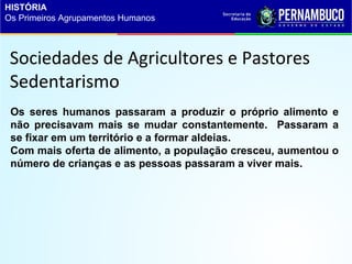 Sociedades de Agricultores e Pastores
Sedentarismo
Os seres humanos passaram a produzir o próprio alimento e
não precisavam mais se mudar constantemente. Passaram a
se fixar em um território e a formar aldeias.
Com mais oferta de alimento, a população cresceu, aumentou o
número de crianças e as pessoas passaram a viver mais.
HISTÓRIA
Os Primeiros Agrupamentos Humanos
 