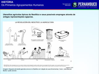 Utensílios agrícolas típicos do Neolítico e seus possíveis empregos através de
antigas representações egípcias.
Imagem: Esquema de tarefa agrícola comuns no Neolítico em relação às suas ferramentas / Autor: José-Manuel
Benito / public domain.
HISTÓRIA
Os Primeiros Agrupamentos Humanos
 