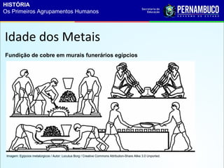 Idade dos Metais
Fundição de cobre em murais funerários egípcios
Imagem: Egípcios metalúrgicos / Autor: Locutus Borg / Creative Commons Attribution-Share Alike 3.0 Unported.
HISTÓRIA
Os Primeiros Agrupamentos Humanos
 