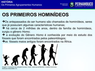 OS PRIMEIROS HOMINÍDEOSOS PRIMEIROS HOMINÍDEOS
Os antepassados do ser humano são chamados de hominídeos, seres
que já possuíam algumas características humanas;
 há cerca de 2 milhões de anos, dentro da família de hominídeos,
surgiu o gênero Homo;
 a evolução do Gênero Homo é conhecida por meio do estudo dos
fósseis que foram encontrados pelos paleontólogos;
os fósseis maios antigos foram encontrados na África.
Imagem: O esquema da evolução humana / Autor: José-manuel Benitos / Creative Commons
Attribution-ShareAlike 3.0.
HISTÓRIA
Os Primeiros Agrupamentos Humanos
 