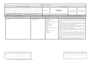 ANÁLISE DE RISCO
DESCRIÇÃO DO SERVIÇO REALIZAÇÃO
MONTAGEM DE COBERTURA: Construção de bases de condreto;
Montagem de colunas metalicas; montagem de tesouras
metalicas;montagem de conjunto de terças para apoio das
telhas, montagem de contraventamento; montagem de
calhas; pintura e limpeza.
Empresa: CAMAC Periodo de
validade
11/06/2012
a 17/06/2012
BOMBEIRO: 446994 AMBULATÓRIO: 447199 Tipo de Trabalho: Em Altura / A Quente
Setor: GEFCO – AREA EXTERNA Local: GEFCO Coluna: ÁREA EXTERNA
ETAPAS DO SERVIÇO RECURSOS UTILIZADOS RISCOS POTENCIAIS MEDIDAS PREVENTIVAS OBRIGATÓRIAS
Responsável pelo Serviço Seg. Trabalho/Responsável Empresa
Identifiant:E 394928/E 394932/ E 403579
Rosione da Conceição Rodrigues
E 409518
Luiz Macedo / Paulo Macedo/Geraldo Francelino
Continuação... - Ferramentas manuais
- carrinho de mão
- Ergonômico
- Queda de pessoas e
ferramentas.
- Queda com e sem diferença
de nível
- Falha do Equipamento
- Choque Elétrico
- Impacto por
- Poeira.
- Projeção de partículas nos
olhos..
- Ruído.
- Respingos à quente.
- Corte.
-Perfuração.
Durante as operações de protensão de cabos de aço, é proibida a
permanência de trabalhadores atrás dos macacos ou sobre estes,
ou outros dispositivos de protensão, devendo a área ser isolada e
sinalizada.
Os dispositivos e equipamentos usados em protensão devem ser
inspecionados por profissional legalmente habilitado antes de serem
iniciados os trabalhos e durante os mesmos.
As conexões dos dutos transportadoresde concreto devem possuir
dispositivos de segurança para impedir a separação das partes,
quando o sistema estiver sob pressão.
As peças e máquinas do sistema transportador de concreto devem
ser inspecionadas por trabalhador qualificado, antes do início dos
trabalho
No local onde se executa a concretagem, somente deve
permanecer a equipe indispensável para a execução dessa tarefa.
Os vibradores de imersão e de placas devem ter dupla isolação e
os cabos de ligação ser protegidos contra choques mecânicos e
cortes pela ferragem, devendo ser inspecionados antes e durante a
utilização.
As caçambas transportadoras de concretodevemter dispositivos de
segurança que impeçam o seu descarregamento acidental.
 