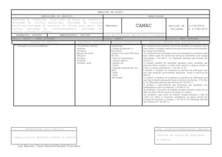 ANÁLISE DE RISCO
DESCRIÇÃO DO SERVIÇO REALIZAÇÃO
MONTAGEM DE COBERTURA: Construção de bases de condreto;
Montagem de colunas metalicas; montagem de tesouras
metalicas;montagem de conjunto de terças para apoio das
telhas, montagem de contraventamento; montagem de
calhas; pintura e limpeza.
Empresa: CAMAC Periodo de
validade
11/06/2012
a 17/06/2012
BOMBEIRO: 446994 AMBULATÓRIO: 447199 Tipo de Trabalho: Em Altura / A Quente
Setor: GEFCO – AREA EXTERNA Local: GEFCO Coluna: ÁREA EXTERNA
ETAPAS DO SERVIÇO RECURSOS UTILIZADOS RISCOS POTENCIAIS MEDIDAS PREVENTIVAS OBRIGATÓRIAS
Responsável pelo Serviço Seg. Trabalho/Responsável Empresa
Identifiant:E 394928/E 394932/ E 403579
Rosione da Conceição Rodrigues
E 409518
Luiz Macedo / Paulo Macedo/Geraldo Francelino
5 - Montagem de estrutura Metalica - - Ferramentas manuais
-Lixadeira
- Furadeira
-Maquina de solda
- Maçarico
- Escadas
- Andaime
- Caminão munk
-Ergonômico
- Queda de pessoas e
ferramento
-Queda com e sem diferença
de nivel
- Falha do Equipamento
- Choque eletrico
- Impacto por
- Poeira.
- Projeção de partículas nos
olhos..
- Ruído
- Corte.
-Perfuração
Os montantes dos andaimes devem ser apoiados em sapatas sobre
base sólida e nivelada capazes de resistir aos esforçossolicitantes e
às cargas transmitidas.
Os montantes dos andaimes devem ser apoiados em sapatas sobre
base sólida capaz de resistir aos esforços solicitantes e às cargas
transmitidas. (118.346-0 / I4) (Redação alterada pela Portaria SIT
201/2011).
É proibido trabalho em andaimes apoiados sobre cavaletes que
possuam altura superior a 2,00m (dois metros) e largura inferior a
0,90m (noventa centímetros). (118.347-8 / I4)
É proibido o trabalho em andaimes na periferia da edificação sem
que haja proteção tecnicamente adequada, fixada a estrutura da
mesma.
É proibido o trabalho em andaimes na periferia da edificação sem
que haja proteção adequada fixada à estrutura da mesma. (118.348-
6 / I4) (Redação alterada pela Portaria SIT 201/2011).
É proibido o deslocamento das estruturas dos andaimes com
trabalhadores sobre os mesmos.(118.349-4 / I4)
Os andaimes cujos pisos de trabalho estejam situados a mais de um
metro de altura devem possuir escadas ou rampas.
Os andaimes cujos pisos de trabalho estejam situados a mais de
1,50m (um metro e cinqüenta centímetros) de altura devem ser
providos de escadas ou rampas. (118.350-8 / I2) (Redação alterada
pela Portaria SIT 201/2011).
 