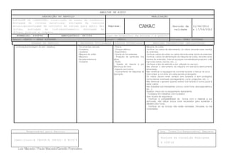 ANÁLISE DE RISCO
DESCRIÇÃO DO SERVIÇO REALIZAÇÃO
MONTAGEM DE COBERTURA: Construção de bases de condreto;
Montagem de colunas metalicas; montagem de tesouras
metalicas;montagem de conjunto de terças para apoio das
telhas, montagem de contraventamento; montagem de
calhas; pintura e limpeza.
Empresa: CAMAC Periodo de
validade
11/06/2012
a 17/06/2012
BOMBEIRO: 446994 AMBULATÓRIO: 447199 Tipo de Trabalho: Em Altura / A Quente
Setor: GEFCO – AREA EXTERNA Local: GEFCO Coluna: ÁREA EXTERNA
ETAPAS DO SERVIÇO RECURSOS UTILIZADOS RISCOS POTENCIAIS MEDIDAS PREVENTIVAS OBRIGATÓRIAS
Responsável pelo Serviço Seg. Trabalho/Responsável Empresa
Identifiant:E 394928/E 394932/ E 403579
Rosione da Conceição Rodrigues
E 409518
Luiz Macedo / Paulo Macedo/Geraldo Francelino
Continuação(montagem de estr. metalica) - Ferramentas manuais
- Furadeira.
- Lixadeira
- Máquina de solda
- Maçarico
- Escada extensiva
- Andaime
- Poeira.
- Choque elétrico.
- Ergonômico
- Queda de ferramentas.
- Projeção de partículas nos
olhos.
- Ruído.
- Queda do mesmo e por
diferença de nível
- Impacto por/contra
- Acionamento de máquinas de
operação
Máquina de solda
Verificar os cabos de aterramento, os cabos deverão estar isentos
de emendas;
Verificar cabos de solda, os cabos deverão estar isento de emendas;
Verificar cabos de alimentação da máquina de solda, deverão estar
isentos de emendas; Aterrar as peças comalicate/pinça jacaré, (não
improvise tubos, barras, etc...);
Verifique o tipo de eletrodo a ser utilizado no serviço;
Não efetuar o aterramento da máquina em estrutura eletricamente
alimentada;
Não modificar a regulagem da corrente durante o faiscar do arco;
Interromper a corrente em cada parada prolongada;
Os cabos devem estar sempre bem isolados e bem protegidos
contra danos eventuais (esmagamento, corte, projeções, etc...).
Não deslocar o gerador quando estiver sob tensão e nunca puxá-lo
pelos cabos;
Não trabalhar sob intempéries (chuva, vento forte, descarga elétrica,
etc...);
Realizar check-list no equipamento diariamente
- Furadeira Em trabalhos com furadeira
Usar óculos de segurança.
- Verificar a compatibilidade da broca com o material a ser
perfurado, não utilizar broca como escariador para aumentar o
diâmetro dos furos.
- Verificar se as brocas não estão rachadas, trincadas ou mal
conectadas.
 
