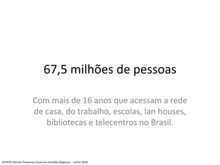 67,5 milhões de pessoas

                      Com mais de 16 anos que acessam a rede
                      de casa, do trabalho, escolas, lan houses,
                         bibliotecas e telecentros no Brasil.



[FONTE] Revista Pequenas Empresas Grandes Negócios – Junho 2010
 