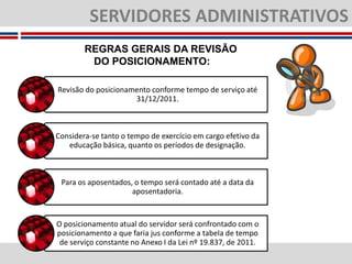 SERVIDORES ADMINISTRATIVOS
                        REGRAS GERAIS DA REVISÃO
                         DO POSICIONAMENTO:

                Revisão do posicionamento conforme tempo de serviço até
                                     31/12/2011.



                Considera-se tanto o tempo de exercício em cargo efetivo da
                   educação básica, quanto os períodos de designação.



                 Para os aposentados, o tempo será contado até a data da
                                     aposentadoria.


                O posicionamento atual do servidor será confrontado com o
                posicionamento a que faria jus conforme a tabela de tempo
                 de serviço constante no Anexo I da Lei nº 19.837, de 2011.
SECRETARIA DE
    EDUCAÇÃO
 