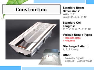 Construction   Standard Beam
               Dimensions:
               Width: 1’, 2’
               Length: 2’, 4’, 6’, 8’, 10’

               Standard Coil
               Lengths:
               2’, 3’, 4’, 5’, 6’, 7’, 8’, 9’, 10’

               Various Nozzle Types
               • Induction Ratio
               • Acoustics

               Discharge Pattern:
               1, 2, & 4 - way

               Other:
               • Frame for Drywall
               • Exposed – Coanda Wings
 