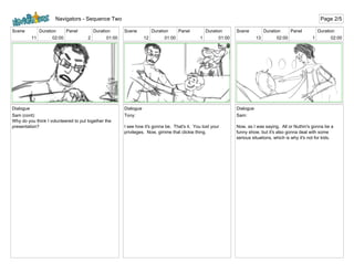 Scene
11
Duration
02:00
Panel
2
Duration
01:00
Dialogue
Sam (cont):
Why do you think I volunteered to put together the
presentation?
Scene
12
Duration
01:00
Panel
1
Duration
01:00
Dialogue
Tony:
I see how it's gonna be. That's it. You lost your
privileges. Now, gimme that clickie thing.
Scene
13
Duration
02:00
Panel
1
Duration
02:00
Dialogue
Sam:
Now, as I was saying. All or Nuthin's gonna be a
funny show, but it's also gonna deal with some
serious situations, which is why it's not for kids.
Navigators - Sequence Two Page 2/5
 