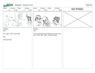 Scene
19
Duration
01:00
Panel
1
Duration
01:00
Dialogue
Sam:
Ow, leggo! That's my good leg!
Kimi:
What good leg?
Scene
20
Duration
02:00
Panel
1
Duration
02:00
Dialogue
Tony:
I'm gonna break both your legs and your arms if you
don't - GIVE - ME - THAT - CLICKIE THING.
NO PANEL
Navigators - Sequence Two Page 5/5
 