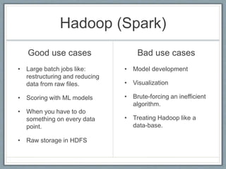 Hadoop (Spark)
Good use cases
• Large batch jobs like:
restructuring and reducing
data from raw files.
• Scoring with ML models
• When you have to do
something on every data
point.
• Raw storage in HDFS
Bad use cases
• Model development
• Visualization
• Brute-forcing an inefficient
algorithm.
• Treating Hadoop like a
data-base.
 