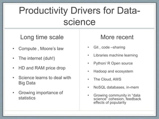 Productivity Drivers for Data-
science
Long time scale
• Compute , Moore’s law
• The internet (duh!)
• HD and RAM price dr...