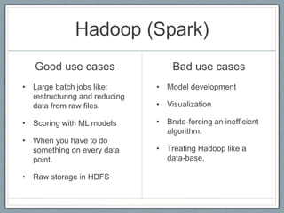 Hadoop (Spark)
Good use cases
• Large batch jobs like:
restructuring and reducing
data from raw files.
• Scoring with ML m...