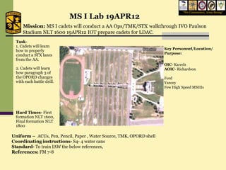 “We Commission, Army Strong”
                           MS I Lab 19APR12
     Mission: MS I cadets will conduct a AA Ops/TMK/STX walkthrough IVO Paulson
     Stadium NLT 1600 19APR12 IOT prepare cadets for LDAC.
 Task-
 1. Cadets will learn
                                                                      Key Personnel/Location/
 how to properly
 conduct a STX lanes                                                  Purpose:
 from the AA.
                                                                      OIC- Karrels
 2. Cadets will learn                                                 AOIC- Richardson
 how paragraph 3 of
 the OPORD changes                                                    Ford
 with each battle drill.                                              Yancey
                                                                      Few High Speed MSIIIs




 Hard Times- First
 formation NLT 1600,
 Final formation NLT
 1800

Uniform – ACUs, Pen, Pencil, Paper , Water Source, TMK, OPORD shell
Coordinating instructions- S4- 4 water cans
Standard- To train IAW the below references,
References: FM 7-8
 