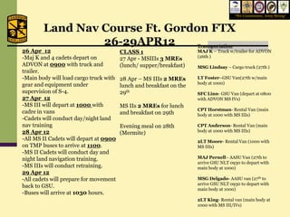 “We Commission, Army Strong”



        Land Nav Course Ft. Gordon FTX
                 26-29APR12                                          Transportation
26 Apr 12                               CLASS 1                      MAJ K – Truck w/trailer for ADVON
-Maj K and 4 cadets depart on                                        (26th )
                                        27 Apr - MSIIIs 3 MREs
ADVON at 0900 with truck and            (lunch/ supper/breakfast)    MSG Lindsay – Cargo truck (27th )
trailer.
-Main body will load cargo truck with   28 Apr – MS IIIs 2 MREs      LT Foster–GSU Van(27th w/main
gear and equipment under                                             body at 1000)
                                        lunch and breakfast on the
supervision of S-4.                     29th                         SFC Linn- GSU Van (depart at 0800
27 Apr 12                                                            with ADVON MS IVs)
-MS III will depart at 1000 with        MS IIs 2 MREs for lunch
                                                                     CPT Horstman- Rental Van (main
cadre in vans                           and breakfast on 29th        body at 1000 with MS IIIs)
-Cadets will conduct day/night land
nav training                            Evening meal on 28th         CPT Anderson- Rental Van (main
28 Apr 12                                                            body at 1000 with MS IIIs)
                                        (Mermite)
-All MS II Cadets will depart at 0900                                2LT Moore- Rental Van (1000 with
on TMP buses to arrive at 1100.                                      MS IIIs)
-MS II Cadets will conduct day and
night land navigation training.                                      MAJ Pernell– AASU Van (27th to
                                                                     arrive GSU NLT 0930 to depart with
-MS IIIs will conduct retraining.                                    main body at 1000)
29 Apr 12
-All cadets will prepare for movement                                MSG Delgado- AASU van (27th to
                                                                     arrive GSU NLT 0930 to depart with
back to GSU.
                                                                     main body at 1000)
-Buses will arrive at 1030 hours.
                                                                     2LT King- Rental van (main body at
                                                                     1000 with MS III/IVs)
 