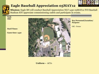 Eagle Baseball Appreciation 05MAY12                                  “We Commission, Army Strong”


   Mission: Eagle BN will conduct Baseball Appreciation NLT 1430 05MAY12 IVO Baseball
   Stadium IOT appreciate commissioning cadets and participate in events.
Task-
TBD
                                                             Key Personnel/Location/
                                                             Purpose:

                                                             OIC - Porter
Hard Times-

Game time: 1430




                           Uniform – ACUs
 