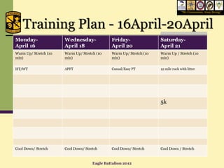 “We Commission, Army Strong”




    Training Plan - 16April-20April
Monday-                Wednesday-              Friday-                Saturday-
April 16               April 18                April 20               April 21
Warm Up/ Stretch (10   Warm Up/ Stretch (10    Warm Up/ Stretch (10   Warm Up / Stretch (10
min)                   min)                    min)                   min)

HT/WT                  APFT                    Casual/Easy PT         12 mile ruck with litter




                                                                      5k




Cool Down/ Stretch     Cool Down/ Stretch      Cool Down/ Stretch     Cool Down / Stretch


                                      Eagle Battalion 2012
 