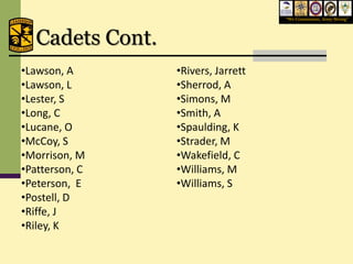 “We Commission, Army Strong”




  Cadets Cont.
•Lawson, A       •Rivers, Jarrett
•Lawson, L       •Sherrod, A
•Lester, S       •Simons, M
•Long, C         •Smith, A
•Lucane, O       •Spaulding, K
•McCoy, S        •Strader, M
•Morrison, M     •Wakefield, C
•Patterson, C    •Williams, M
•Peterson, E     •Williams, S
•Postell, D
•Riffe, J
•Riley, K
 