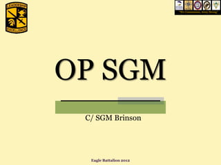 “We Commission, Army Strong”




OP SGM
 C/ SGM Brinson




  Eagle Battalion 2012
 