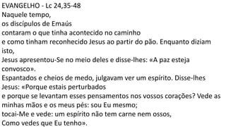 EVANGELHO - Lc 24,35-48
Naquele tempo,
os discípulos de Emaús
contaram o que tinha acontecido no caminho
e como tinham reconhecido Jesus ao partir do pão. Enquanto diziam
isto,
Jesus apresentou-Se no meio deles e disse-lhes: «A paz esteja
convosco».
Espantados e cheios de medo, julgavam ver um espírito. Disse-lhes
Jesus: «Porque estais perturbados
e porque se levantam esses pensamentos nos vossos corações? Vede as
minhas mãos e os meus pés: sou Eu mesmo;
tocai-Me e vede: um espírito não tem carne nem ossos,
Como vedes que Eu tenho».
 