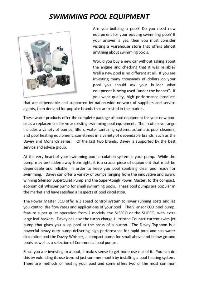 SWIMMING POOL EQUIPMENT                                        Are you building a pool? Do you need new                   ...