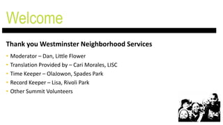 Welcome
• Moderator – Dan, Little Flower
• Translation Provided by – Cari Morales, LISC
• Time Keeper – OlaJowon, Spades Park
• Record Keeper – Lisa, Rivoli Park
• Other Summit Volunteers
Thank you Westminster Neighborhood Services
 