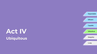 Act IV
Ubiquitous
Dependable
Efficient
Capable
Ubiquitous
Delightful
Lively
 