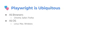 ● All Browsers
○ Chrome, Safari, Firefox
● All OS
○ Linux, Mac, Windows
🎭 Playwright is Ubiquitous
 
