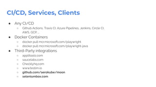 CI/CD, Services, Clients
● Any CI/CD
○ Github Actions, Travis CI, Azure Pipelines, Jenkins, Circle CI,
AWS, GCP, …
● Docker Containers
○ docker pull mcr.microsoft.com/playwright
○ docker pull mcr.microsoft.com/playwright-java
● Third-Party integrations
○ applitools.com
○ saucelabs.com
○ Checklyhq.com
○ www.testim.io
○ github.com/aerokube/moon
○ seleniumbox.com
 