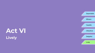 Act VI
Lively
Dependable
Efficient
Capable
Ubiquitous
Delightful
Lively
 