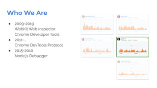 ● 2009-2019
WebKit Web Inspector
Chrome Developer Tools
● 2011-...
Chrome DevTools Protocol
● 2015-2016
Node.js Debugger
Who We Are
 