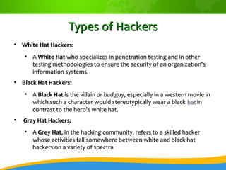 Types of Hackers

    White Hat Hackers:
    
        A White Hat who specializes in penetration testing and in other
  ...