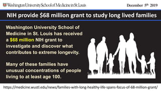 https://medicine.wustl.edu/news/families-with-long-healthy-life-spans-focus-of-68-million-grant/
Washington University School of
Medicine in St. Louis has received
a $68 million NIH grant to
investigate and discover what
contributes to extreme longevity.
Many of these families have
unusual concentrations of people
living to at least age 100.
December 5th 2019
NIH provide $68 million grant to study long lived families
 