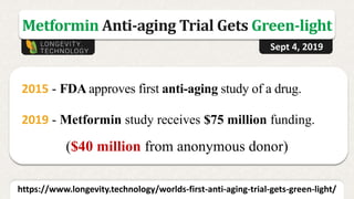 Metformin Anti-aging Trial Gets Green-light
https://www.longevity.technology/worlds-first-anti-aging-trial-gets-green-light/
Sept 4, 2019
2015 - FDA approves first anti-aging study of a drug.
2019 - Metformin study receives $75 million funding.
($40 million from anonymous donor)
 