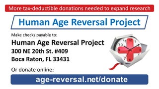 More tax-deductible donations needed to expand research
Human Age Reversal Project
Make checks payable to:
Human Age Reversal Project
300 NE 20th St. #409
Boca Raton, FL 33431
Or donate online:
age-reversal.net/donate
 