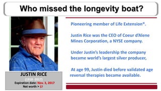 At age 99, Justin died before validated age
reversal therapies became available.
Who missed the longevity boat?
JUSTIN RICE
(1918 -2017)
Expiration date: Nov. 3, 2017
Net worth > $?
Pioneering member of Life Extension®.
Justin Rice was the CEO of Coeur d’Alene
Mines Corporation, a NYSE company.
Under Justin’s leadership the company
became world’s largest silver producer,
 