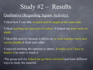 Study #2 – Results
Qualitative (Regarding Jigsaw Activity):
•I   liked how I was able to teach and be taught at the same t...