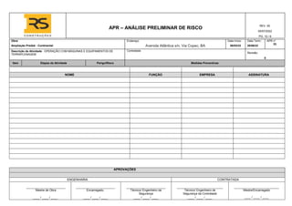 APR – ANÁLISE PRELIMINAR DE RISCO
REV. 00
05/07/2022
PG. 10 / 6
Obra: Endereço: Data Início: Data Term.: APR n°
Ampliação Predial - Continental Avenida Atlântica s/n, Via Copec, BA 08/03/23 28/08/23
33
Descrição da Atividade: OPERAÇÃO COM MÁQUINAS E EQUIPAMENTOS DE
TERRAPLENAGEM
Contratada:
Revisão:
0
Item Etapas da Atividade Perigo/Risco Medidas Preventivas
APROVAÇÕES
ENGENHARIA CONTRATADA
Mestre de Obra Encarregado. Técnico/ Engenheiro de
Segurança
Técnico/ Engenheiro de
Segurança da Contratada
Mestre/Encarregado
____ / ____ / ____ ____ / ____ / ____ ____ / ____ / ____ ____ / ____ / ____ ____ / ____ / ____
NOME FUNÇÃO EMPRESA ASSINATURA
 