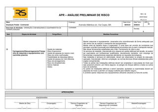 APR – ANÁLISE PRELIMINAR DE RISCO
REV. 00
05/07/2022
PG. 8 / 6
Obra: Endereço: Data Início: Data Term.: APR n°
Ampliação Predial - Continental Avenida Atlântica s/n, Via Copec, BA 08/03/23 28/08/23
33
Descrição da Atividade: OPERAÇÃO COM MÁQUINAS E EQUIPAMENTOS DE
TERRAPLENAGEM
Contratada:
Revisão:
0
Item Etapas da Atividade Perigo/Risco Medidas Preventivas
APROVAÇÕES
ENGENHARIA CONTRATADA
Mestre de Obra Encarregado. Técnico/ Engenheiro de
Segurança
Técnico/ Engenheiro de
Segurança da Contratada
Mestre/Encarregado
____ / ____ / ____ ____ / ____ / ____ ____ / ____ / ____ ____ / ____ / ____ ____ / ____ / ____
08
Carregamento/Descarregamento/Transp
orte de máquinas e equipamentos com
caminhão prancha
Queda de materias;
Risco Ergonomico
Queda de pessoas do mesmo nivel;
Risco de corte e perfuração;
Possibilidade de descarga elétrico;
Queda de pessoa de nivel diferente.
Risco de esmagamento
Risco de atropelamneto
Danos material
Obitos
Manter maquinas e equipamentos amarrados e/ou acondicionado de forma adequada que
não venha cair ao realizar o transporte dos equipamentos
Manter área de trabalho limpa e organizada. O local deve ser provido de corredores que
permitam uma fácil locomoção dos trabalhadores envolvidos com ou sem o transporte manual.
Não deixar ferramentas espalhadas pelo chão; Fechamento de vãos e piso;
Os serviços de instalção, manutenção e/ou reparos em partes elétricas sob tensão, só podem
ser executados por profissionais qualificados, devidamente treinados, com emprego de
ferramentas e equipamentoss especiais atendendo os requisitos tecnologicos;
Nas instalções e serviços em eletricidade, devem ser observados no projeto de execução,
operação, manutenção, reforma e ampliação, as normas técnicas oficiais estabelecidas pelos
orgãos compententes;
Todas as partes das instalações elétricas devem ser projetadas e executadas de modo que
seja posssivel prevenir, por meios seguros, os perigos de choque elétrico e todos os outros
tipos de acidentes;
As partes de instalações elétricas a serem operadas, ajustadas ou examinadas devem ser
dispostas de modo a permitir um espaço sufiente para trabalho seguro;
É proibido operar máquinas e/ou equipamentos utilizando celulares ou fone de ouvido;
 