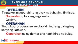 ANSELMO A. SANDOVAL
MEMORIAL NHS
OPERAHIN
Tinutukoy ng operahin ang tiyak na bahaging tinitistis.
Ooperahin bukas ang mga mata ni
Geelyn.
OPERAHAN
Tinutukoy ng operahan ang tao at hindi ang bahagi ng
kanyang katawan.
Ooperahan na ng doktor ang naghihirap na bulag.
 