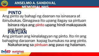 ANSELMO A. SANDOVAL
MEMORIAL NHS
PINTO
Ang pinto ay bahagi ng daanan na isinasara at
ibinubukas. Ginagawa ito upang ilagay sa pintuan
Isinara niya ang pinto upang hindi makapasok
ang lamok.
PINTUAN
Ang pintuan ang kinalalagyan ng pinto. Ito rin ang
bahaging daraanan kapag bumukas na ang pinto.
Nakaharang sa pintuan ang paso ng halaman.
 