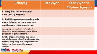 ANSELMO A. SANDOVAL
MEMORIAL NHS
Pahayag Reaksyon Koneksyon sa
Pilipinas Ngayon
5. Patay Electricity Company-
monopoly ng kuryente
6. Ibinibilanggo ang mga walang sala
upang ihiwalay sa maraming mga
nakalalayang masasamang tao.
7. Ang nag-aari ng lisensyadong baril ay
hinuhuli at pinapatawan ng salang "illegal
possession of genuine firearm."
8. Tatlo ang paborito nilang mga santo --
ang mik (ang pera mismo), ang buwaya, at si
Santasa, isang taong may sungay at buntot
katulad ng tinatawag natin ngayong
Satanas.
 