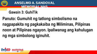 ANSELMO A. SANDOVAL
MEMORIAL NHS
Gawain 3: GuhiTik
Panuto: Gumuhit ng tatlong simbolismo na
nagpapakita ng pagkakaiba ng Miliminas, Pilipinas
noon at Pilipinas ngayon. Ipaliwanag ang kahulugan
ng mga simbolong iginuhit.
 